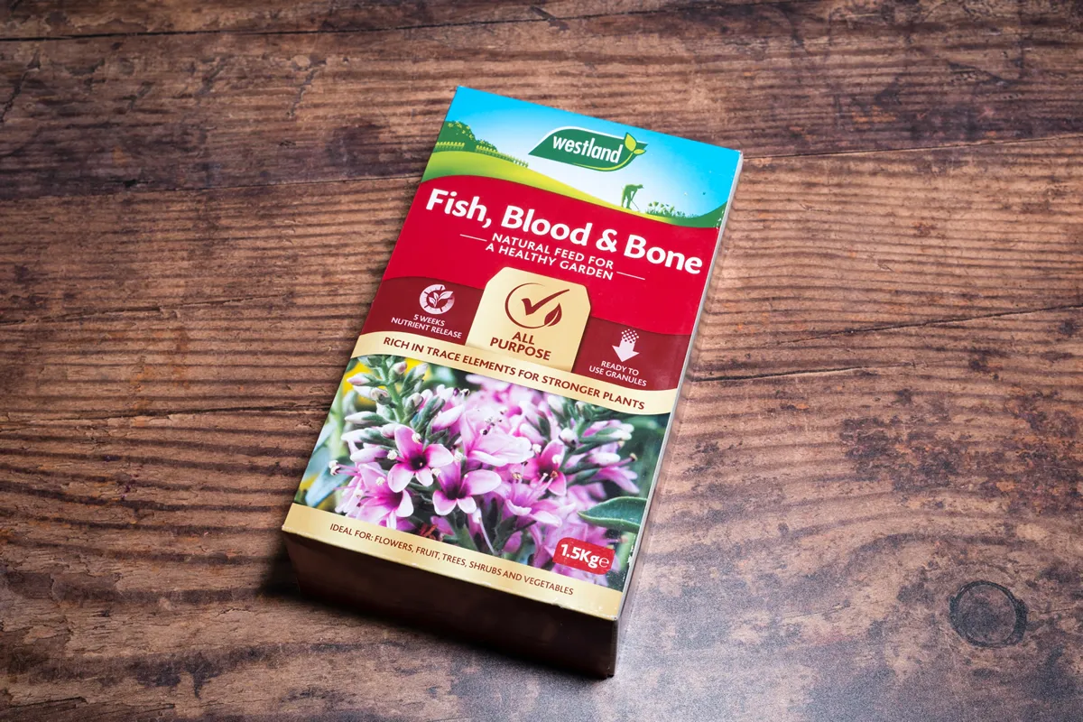 Irvine, Scotland, UK-March 28, 2023: Westland branded Fish Blood and Bone plant feed in a recyclable cardboard box with graphics symbols and icons relevant to the image.