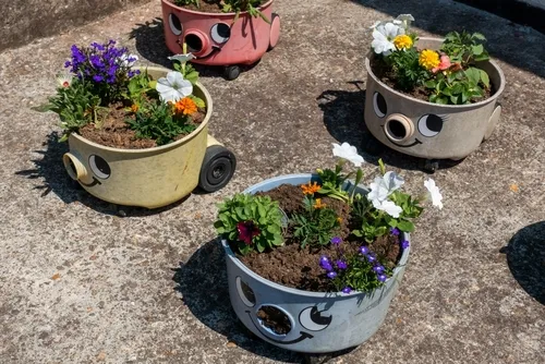 Selection of improvised recycled plastic planters with smiley faces on a cement patio filled with flowers