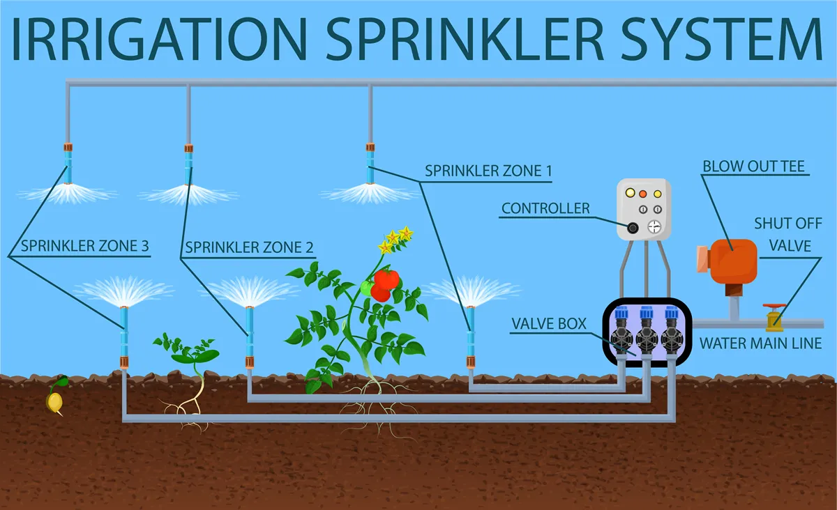 Sprinkler System. Center Pivot Irrigation Concept. Agriculture Field. Drip Irrigation of Sprout using Agricultural Machinery. Agriculture Field Industry. Growth Organic. Vector Flat Illustration.