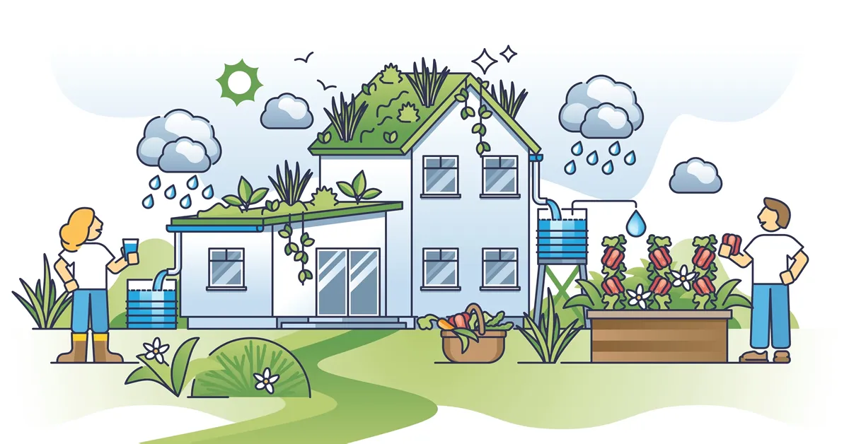 Rainwater harvesting and rain water collection for garden outline concept. Pure and filtered drain water system for drinking or soil watering in summer vector illustration. Save natural resources.