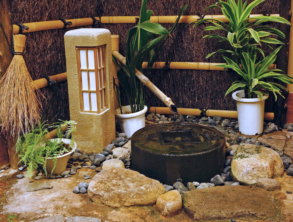 Indoor Japanese Small Pond and Zen Garden in Vintage Style