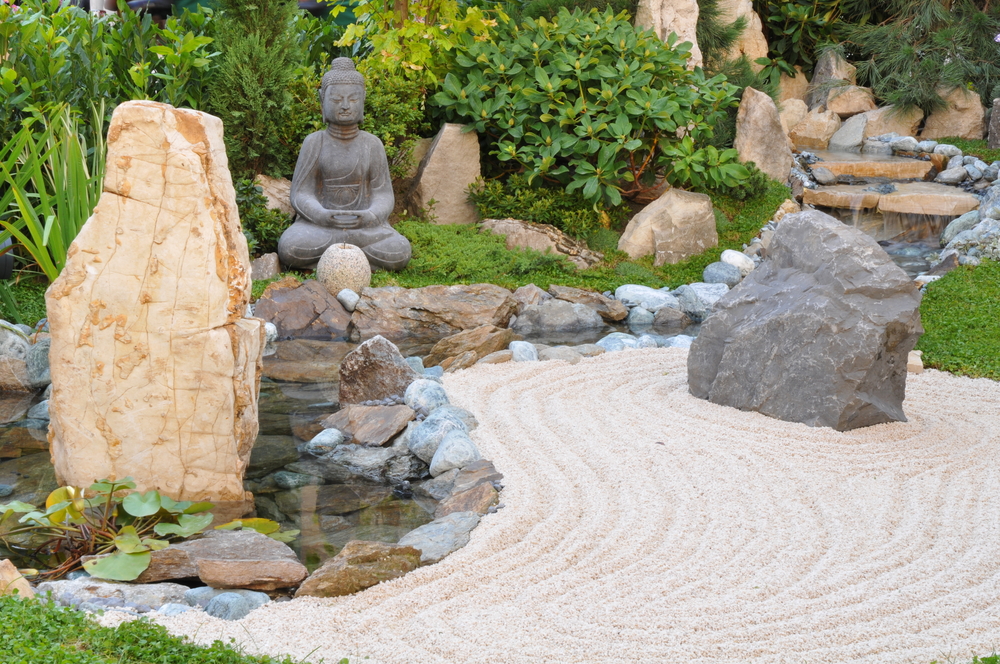Small japanese garden with Buddha statue