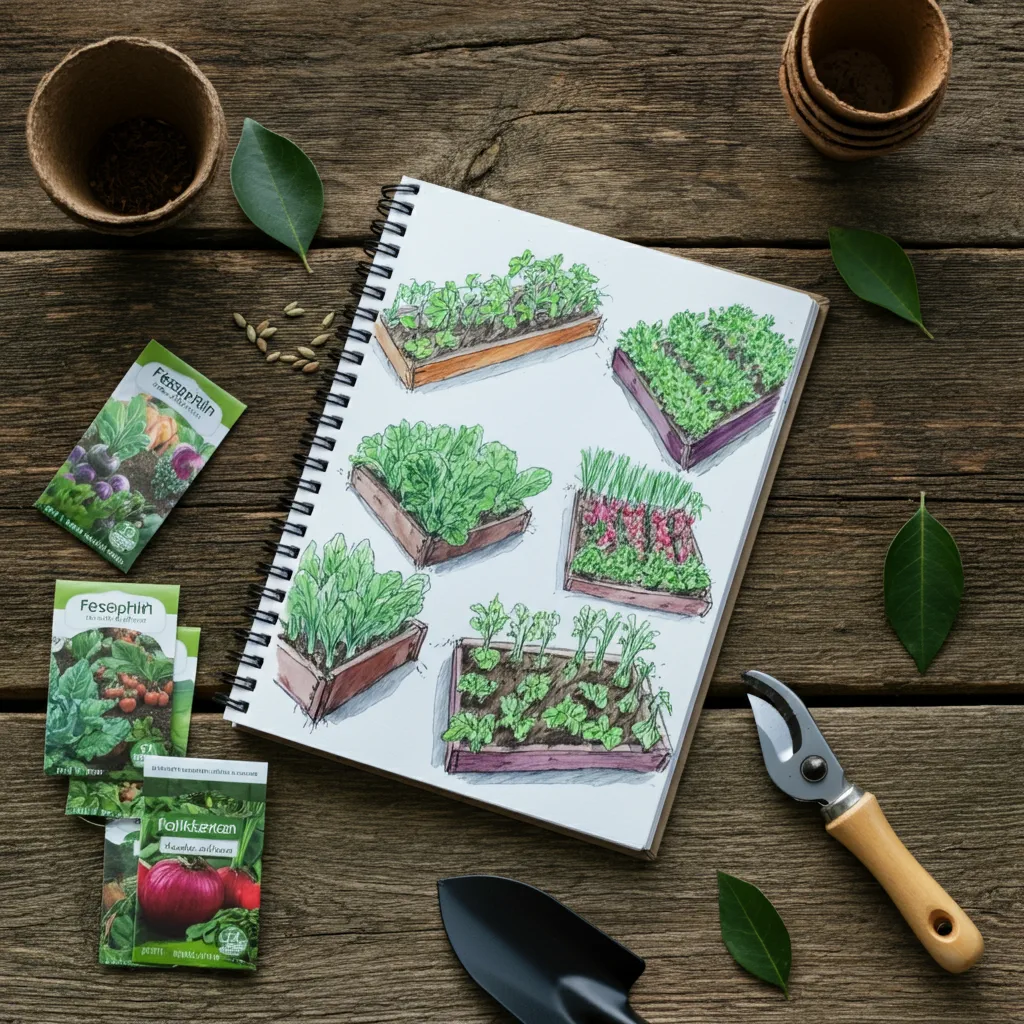  A top-down view of a garden planner with colorful sketches, seed packets, and tools.