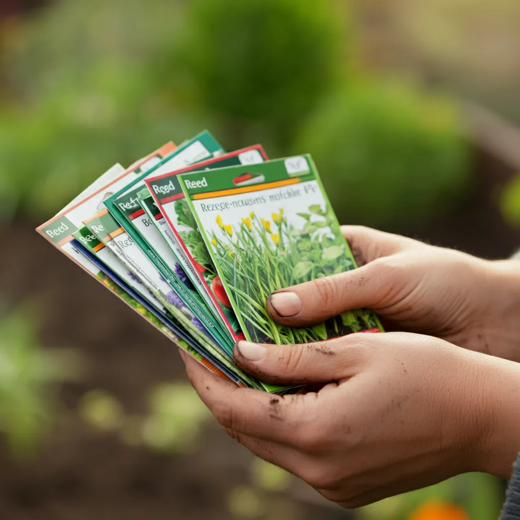 A close-up of hands holding various seed packets, ready for planting.