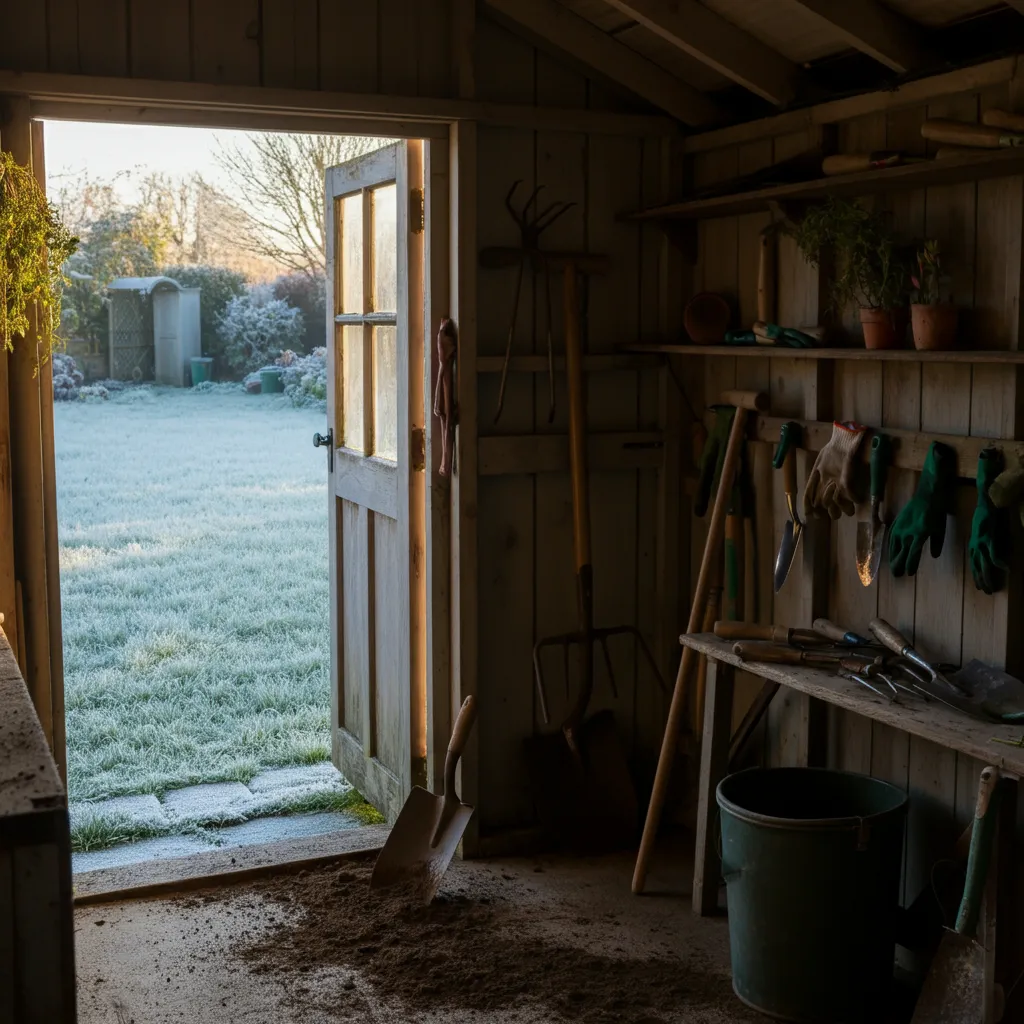A rustic shed with neatly arranged tools and a frosty garden view