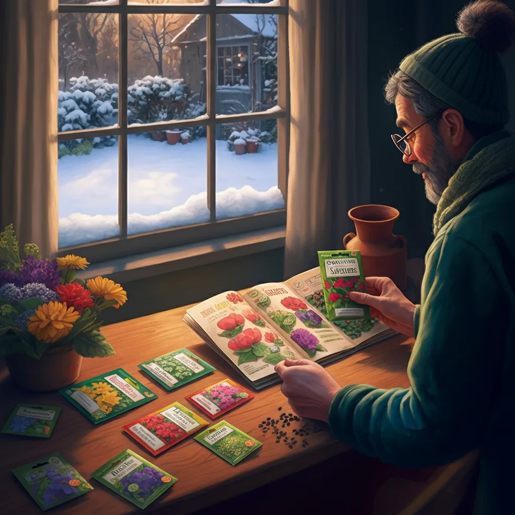 A cozy indoor scene with a gardener choosing seeds by a snowy window