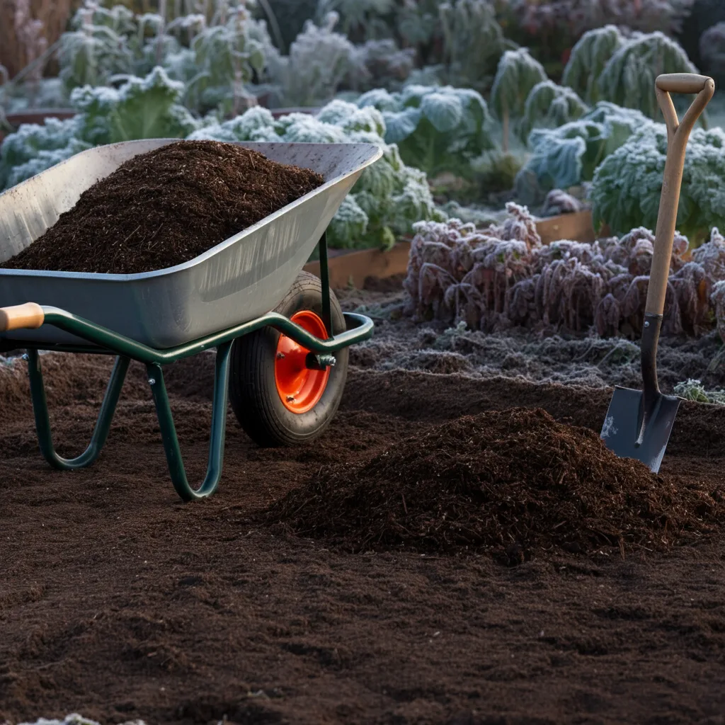 A gardener spreading compost on a frosty garden bed.