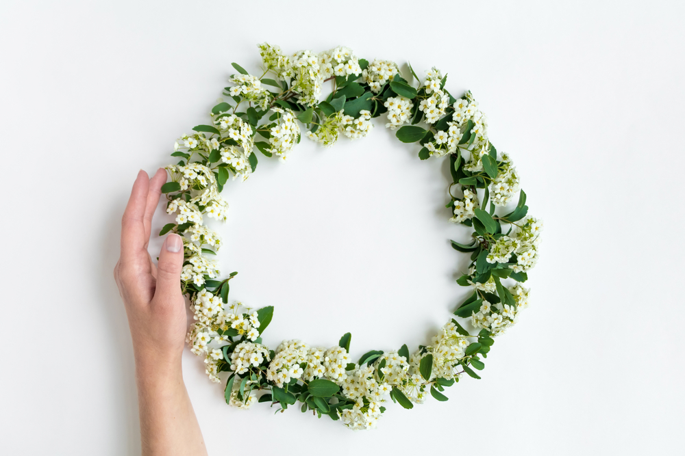 Woman hand holding beautiful white flowering Spirea arguta (brides plant) wreath on white table. Flat lay, top view, space for text. Romantic DIY composition