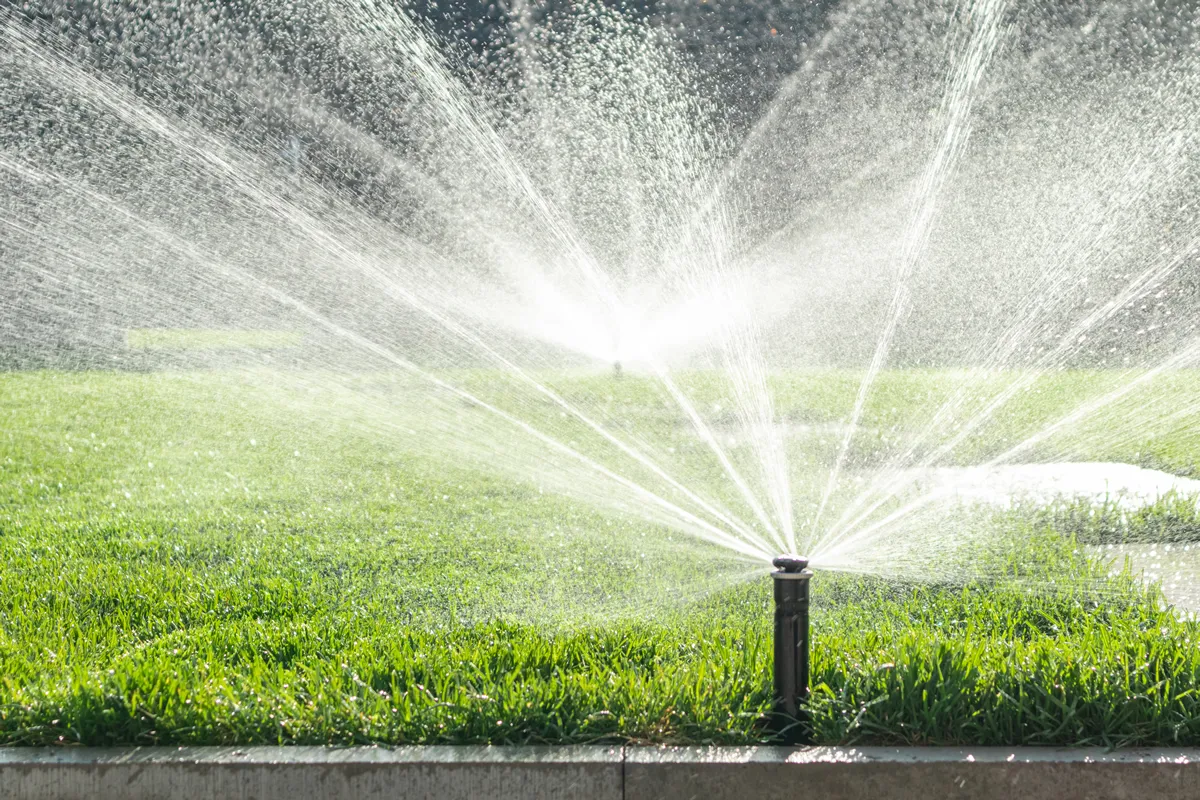 Garden irrigation system lawn. Automatic lawn sprinkler watering green grass. Selective focus.