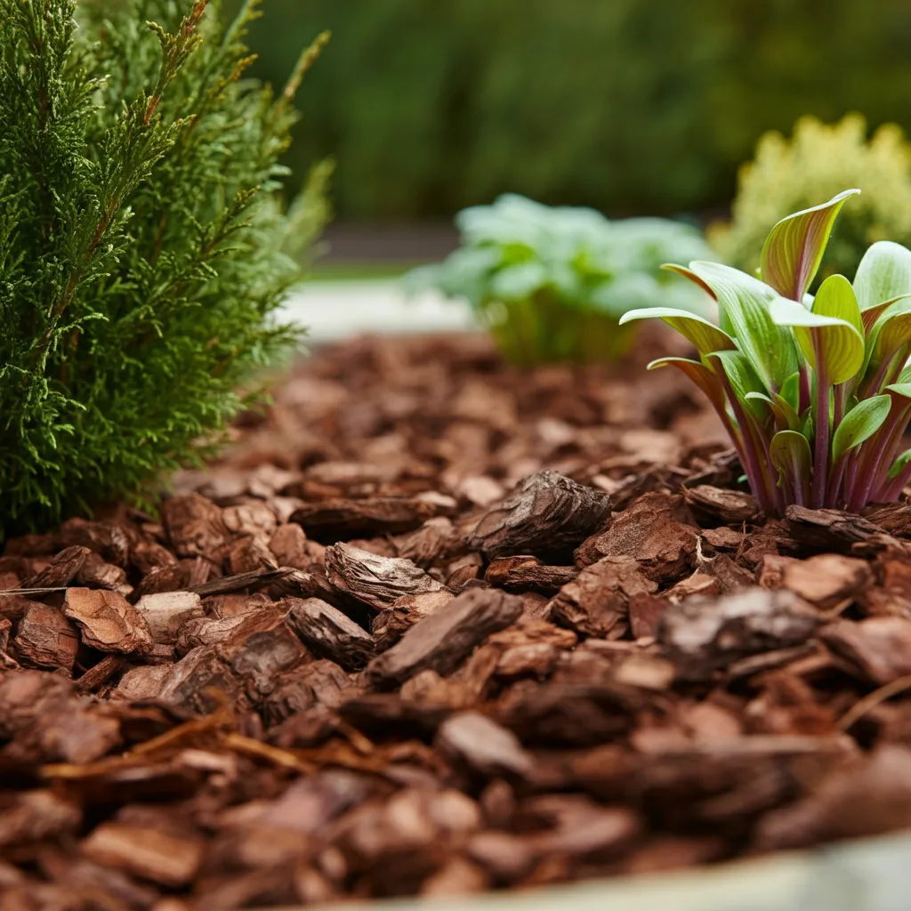 Sunset Tulip Color Mulching Garden Beds: A garden bed with a thick layer of mulch for winter protection.