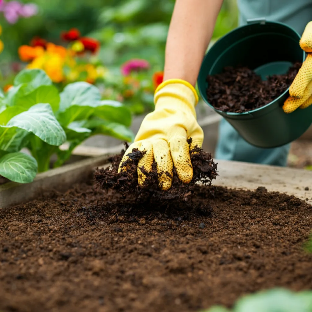 Gardener applying leaf mould to a garden bed