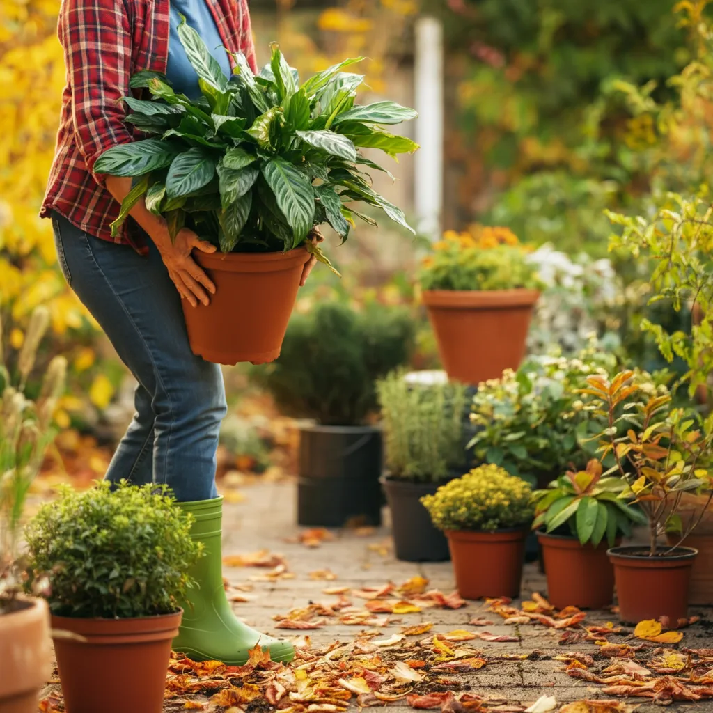 A vibrant image of potted plants being moved indoors
