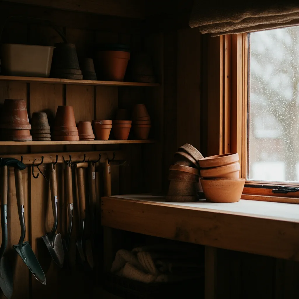 A neatly organized garden shed with tools, pots, and winter supplies
