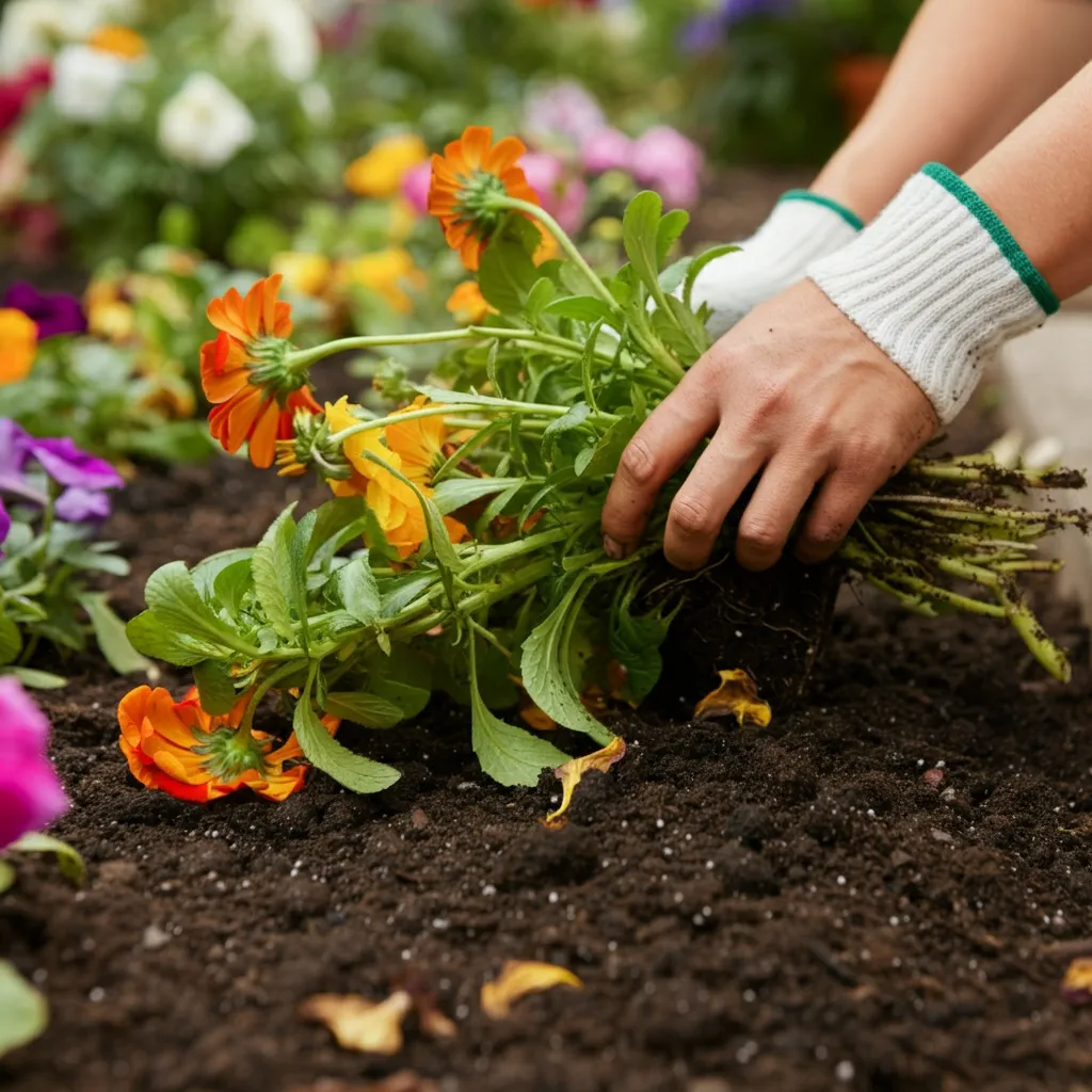 A close-up of a gardener's hands removing spent plants from a flower bed