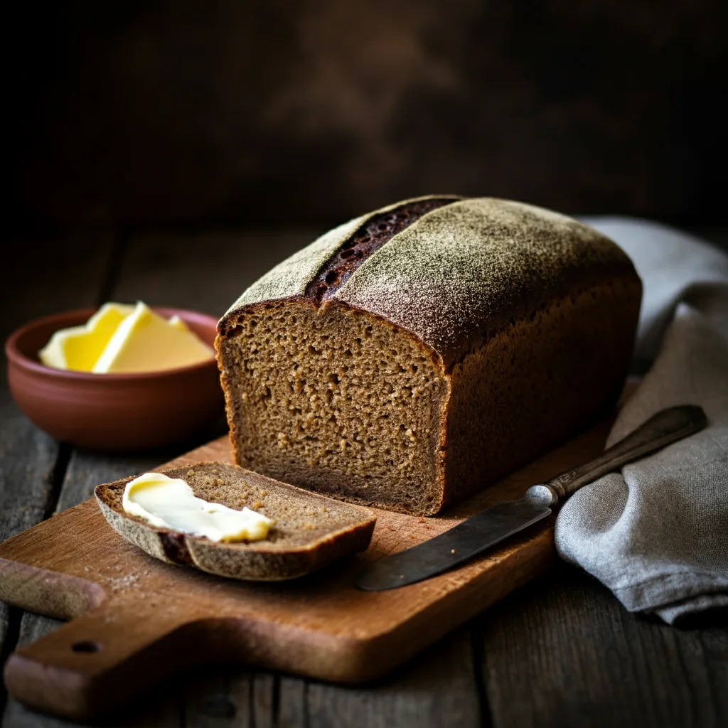an image of freshly baked rye bread, complete with a rustic setting and warm natural light