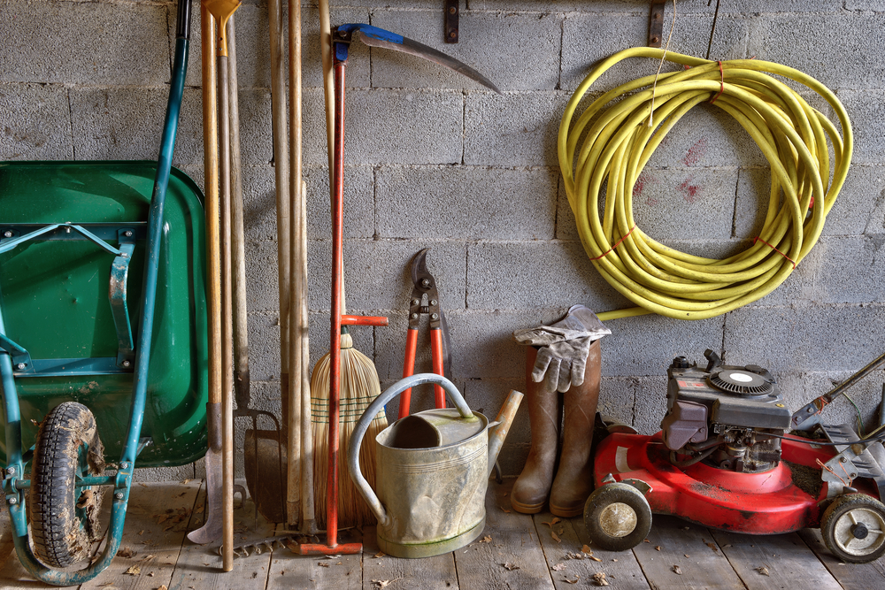 a garden shed with all the tools of the gardener