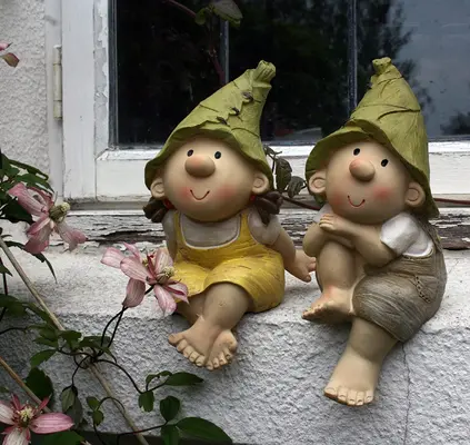 Lilly and Len Elves sitting, Garden Ornamental Gnomes