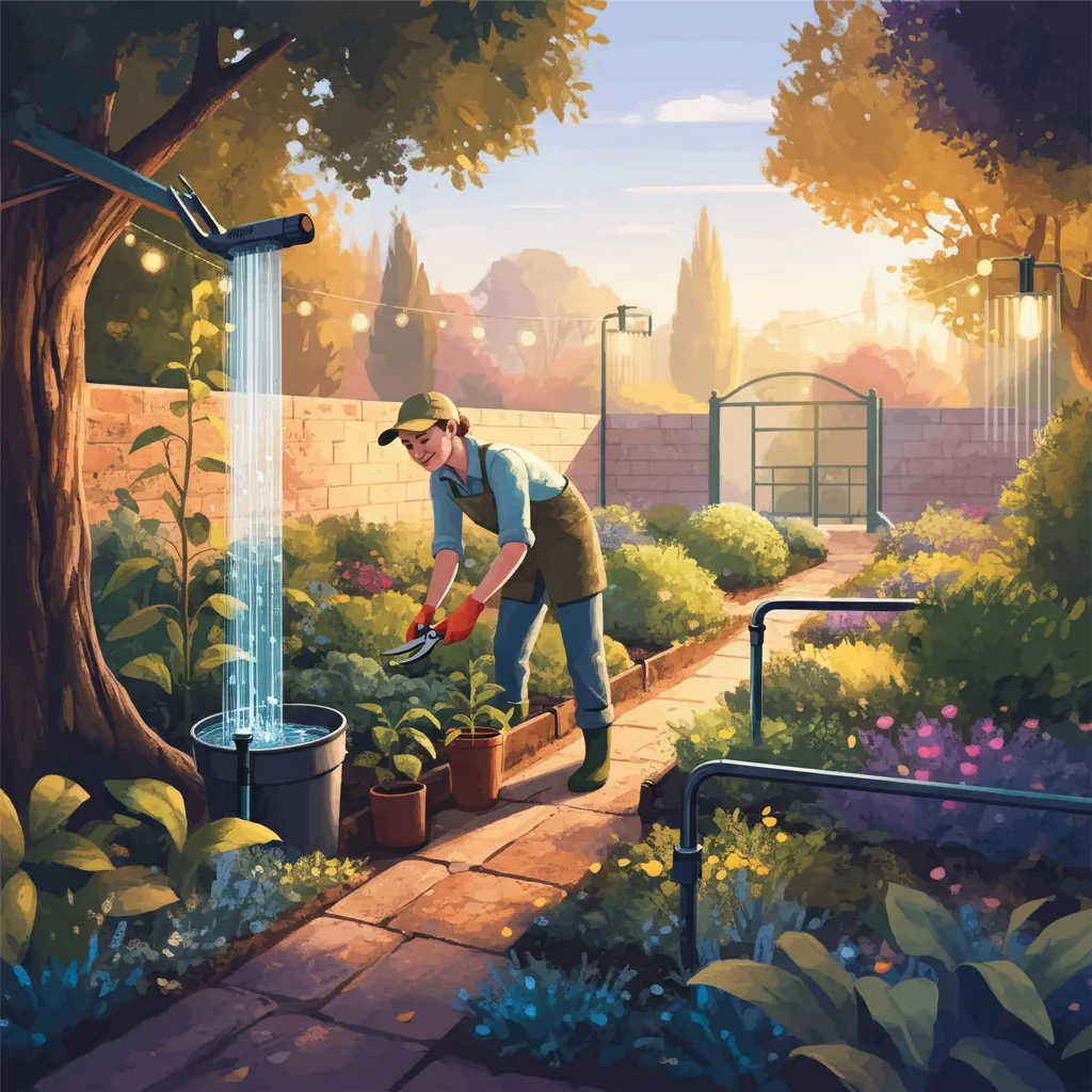 Illustration of a gardener pruning plants and checking the irrigation system in a thriving, water-efficient UK garden.