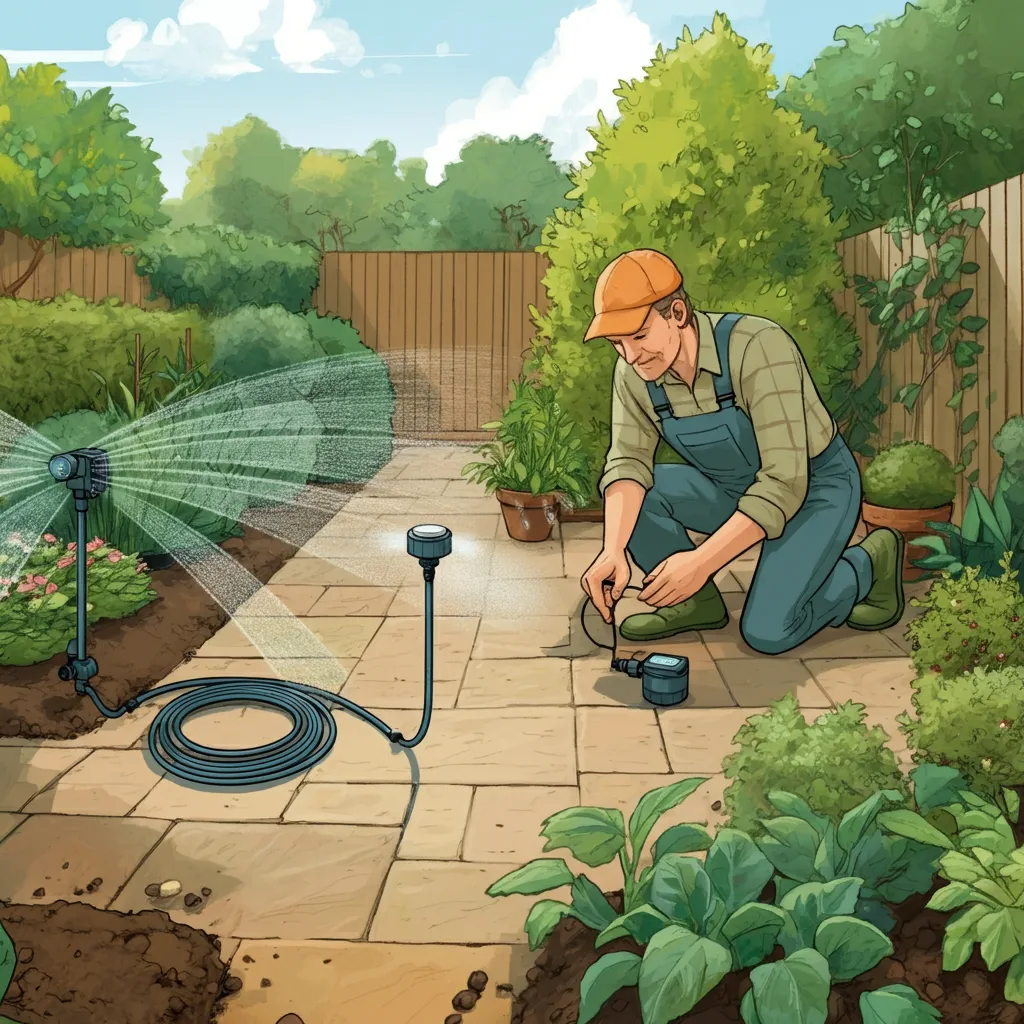 Illustration of a gardener installing a drip irrigation system with a timer in a modern UK garden surrounded by thriving plants.