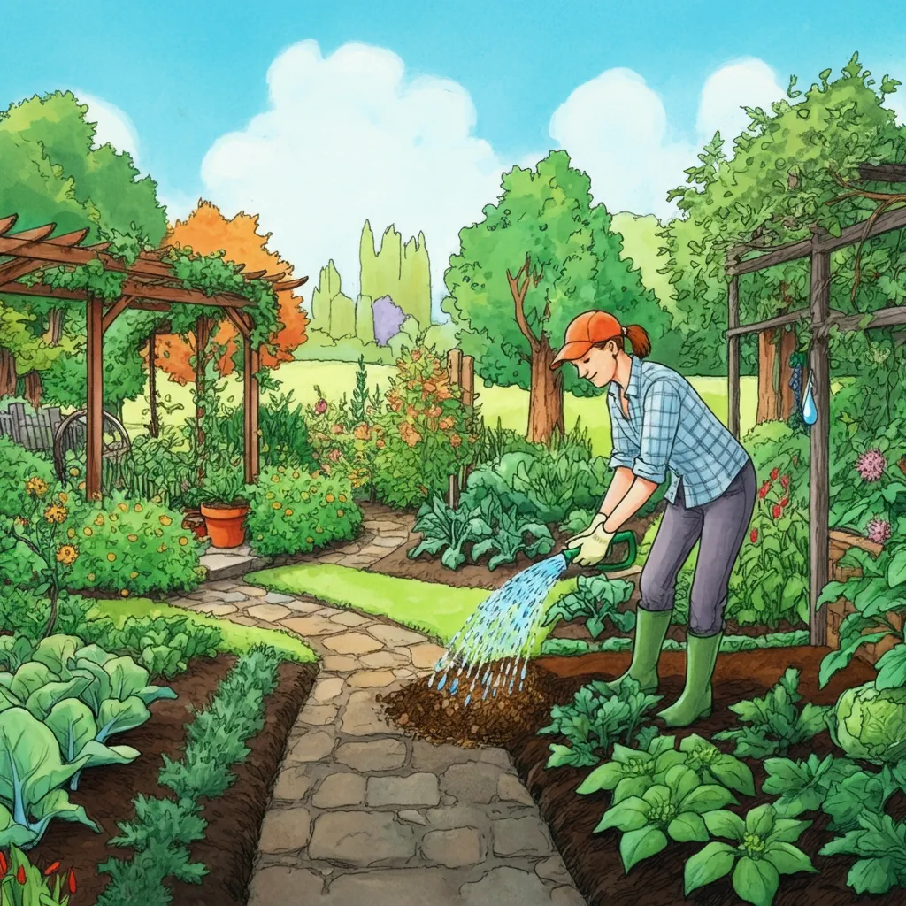 Illustration of a gardener spreading organic mulch around plants in a lush UK garden to retain moisture and promote healthy growth.