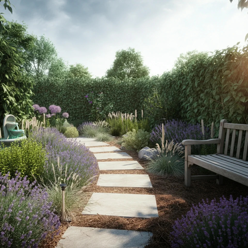 A realistic depiction of a perfect water-wise garden in the UK, featuring drought-tolerant plants like lavender and succulents, a stone path, smart irrigation system, organic mulch, a wooden bench, and a small water feature under soft sunlight.