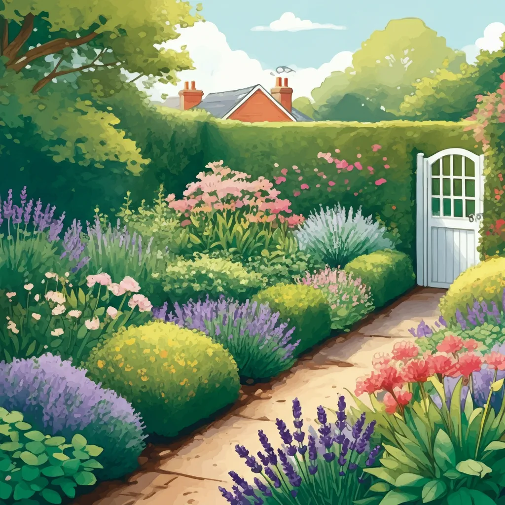 Illustration of a vibrant UK garden with a variety of drought-tolerant plants like lavender and succulents being arranged in a garden bed.