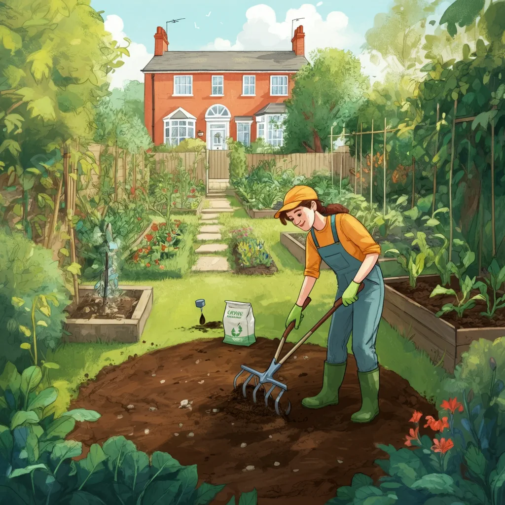 Illustration of a gardener preparing soil in a sunny backyard garden, adding compost and testing soil moisture with eco-friendly tools.