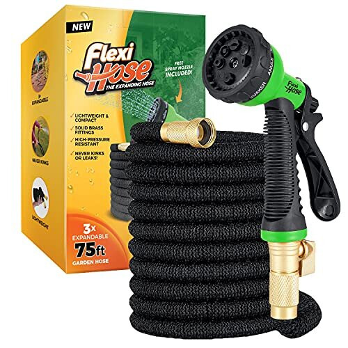 Flexi Hose Upgraded Expandable Garden Hose Pipe Including 8 Function Spray Gun Nozzle - Extra Strength with 2 cm Solid Brass Fittings - No-Kink Flexible Garden Hoses (Blue/Black 15 Metres)