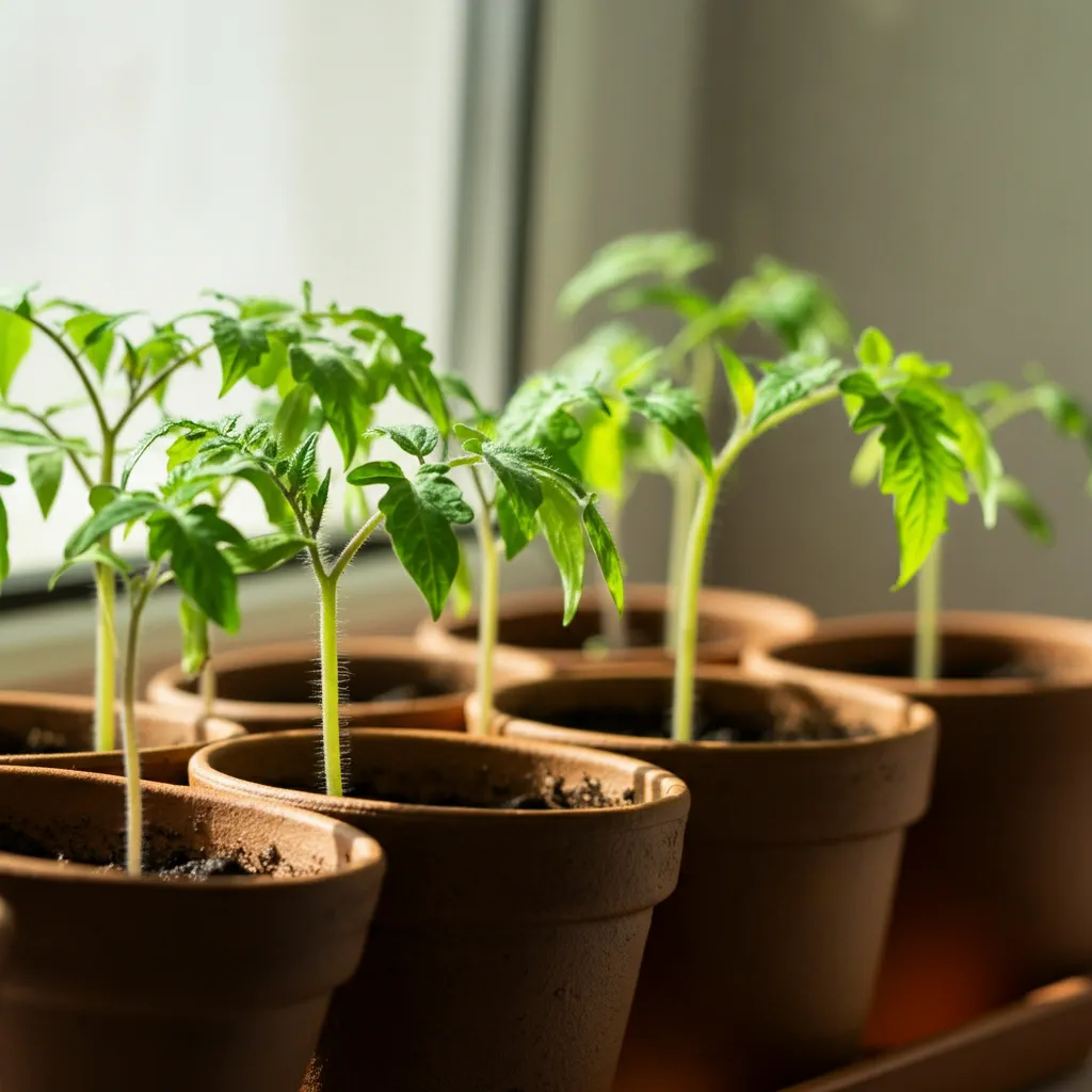tomato seedling plants growing in a warm windowsil